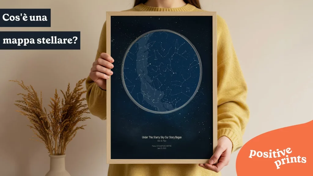 Cos'è una mappa stellare personalizzata: esempio di poster astronomico blu con costellazioni tenuto da donna sorridente in giallo