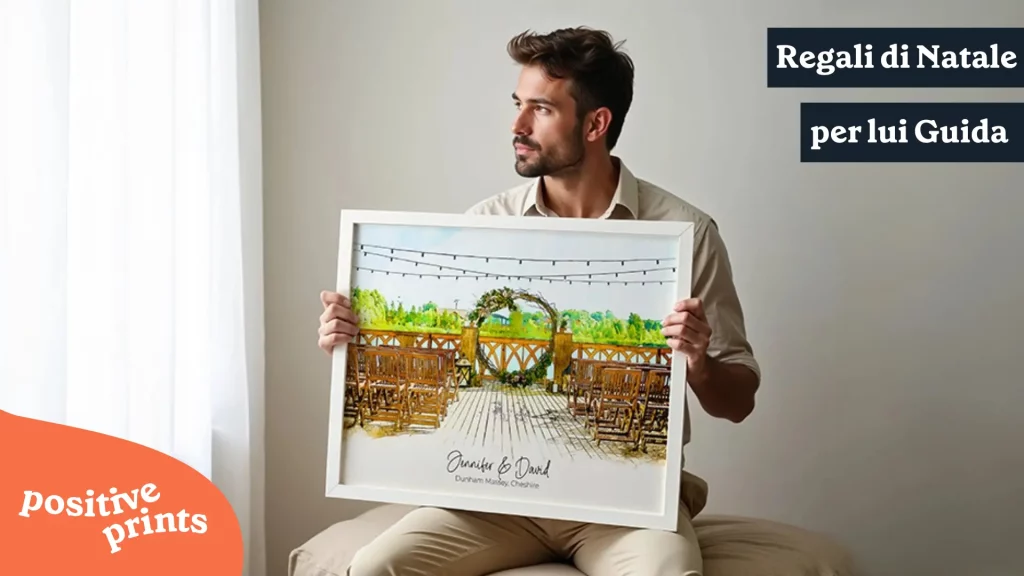Regali di Natale personalizzati per lui featured image uomo con poster acquerello luogo Jennifer David logo Positive Prints guida