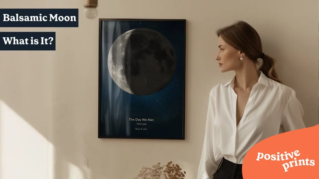 Woman looking at a personalized moon phase print showing the balsamic moon, used as meaningful wall art or gift.