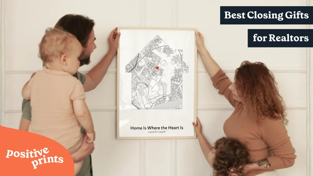 Family hanging a personalized house-shaped map print with the phrase “Home Is Where the Heart Is,” a thoughtful closing gift for realtors