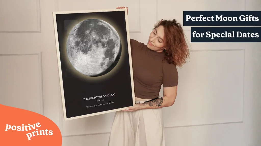 Woman holding a personalized moon phase poster with a custom date and message, perfect as a romantic Moon Gift for anniversaries and weddings.
