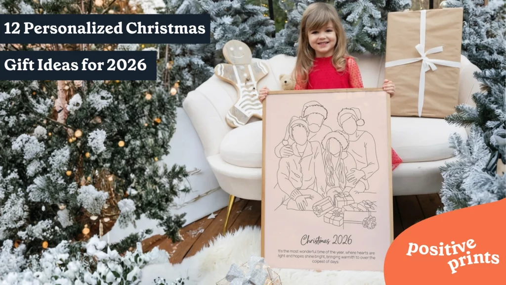 Little girl holding a framed custom family line art print beside Christmas trees and presents, featured in 12 personalized Christmas gift ideas for 2026.