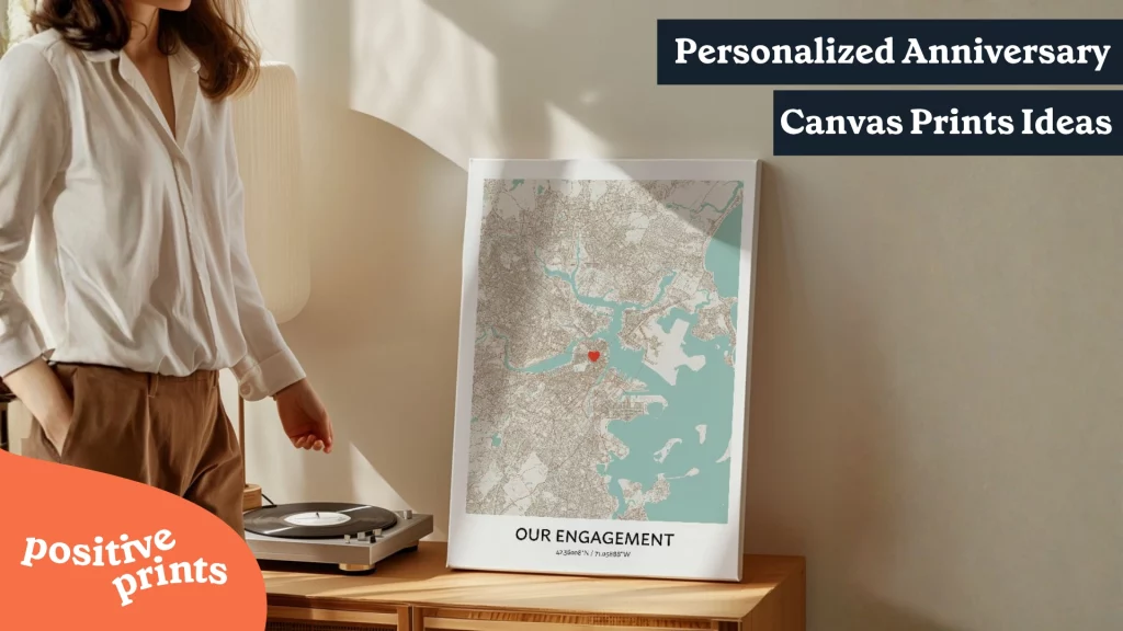 Personalized engagement city map canvas displayed on a wooden cabinet in a warm interior, with a red heart marking a meaningful location.